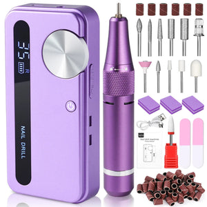 Purple rechargeable nail drill kit with controller, handpiece and the original supplied accessory set