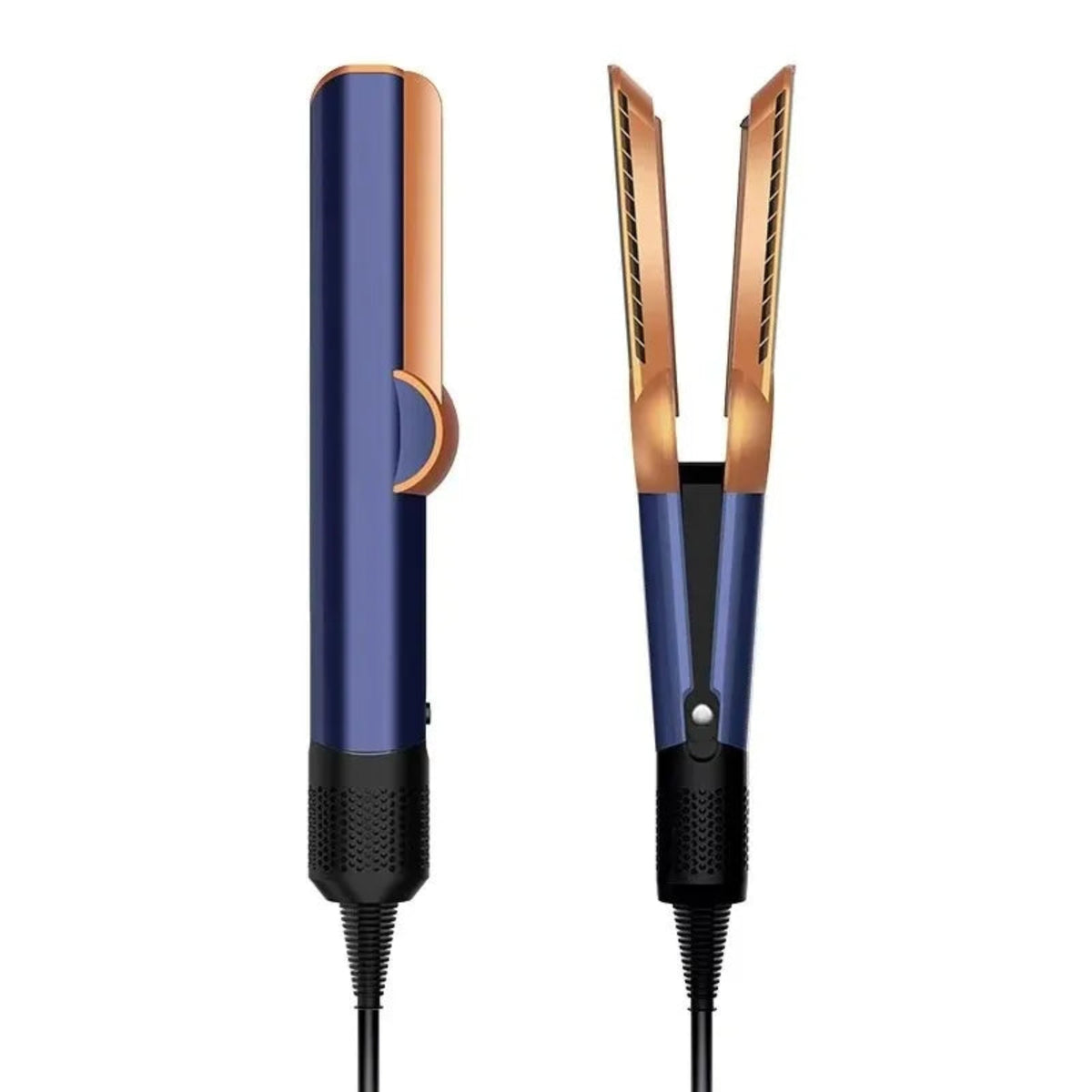 Blue 2-in-1 air hair straightener on a white background