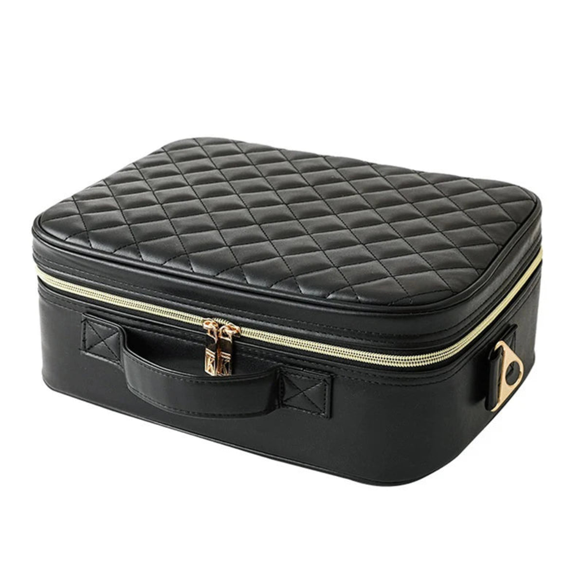 Black quilted makeup case with zip closure on a white background
