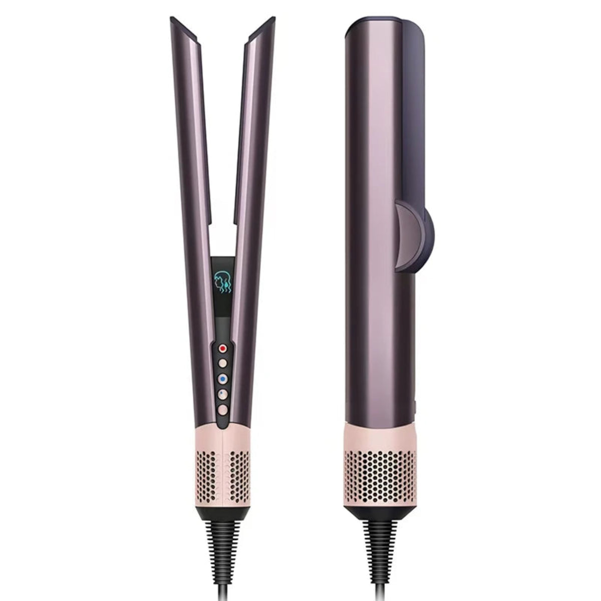 Purple 2-in-1 air hair straightener on a white background