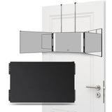 Black tri-fold LED mirror shown open and folded with adjustable hanging hooks