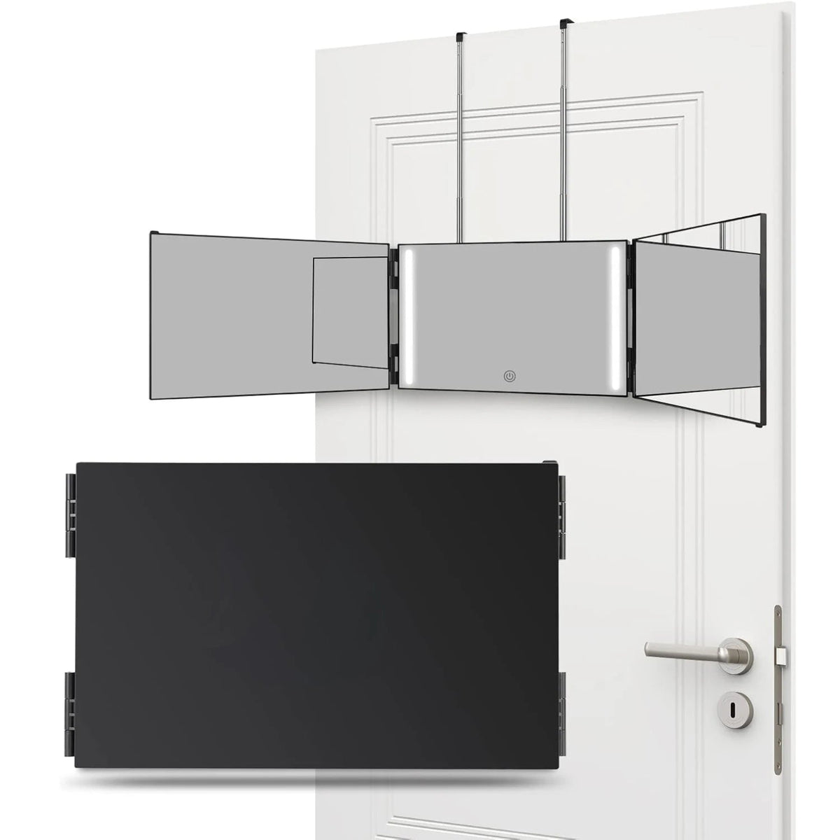 Black tri-fold LED mirror shown open and folded with adjustable hanging hooks
