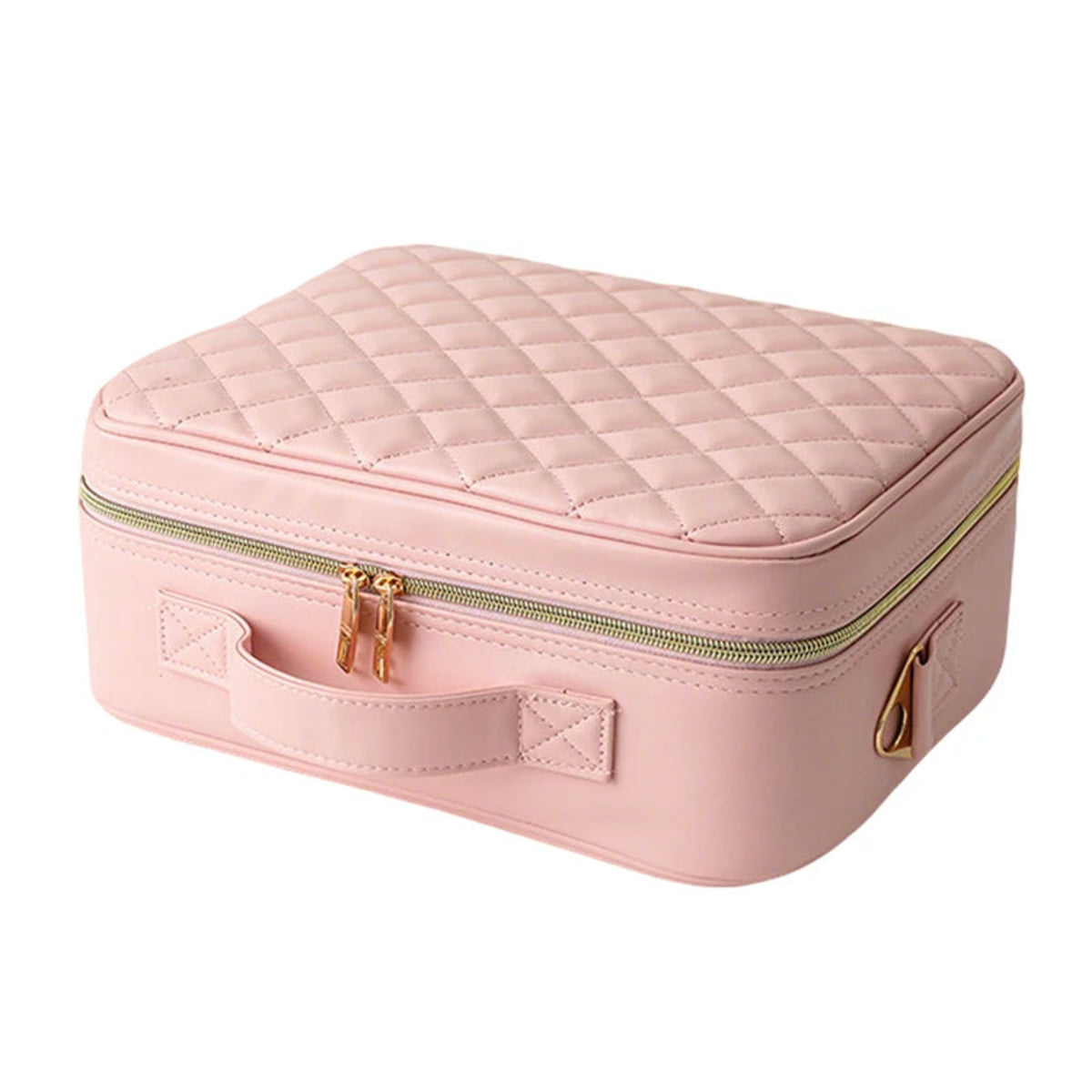 Pink quilted makeup case with zip closure on a white background