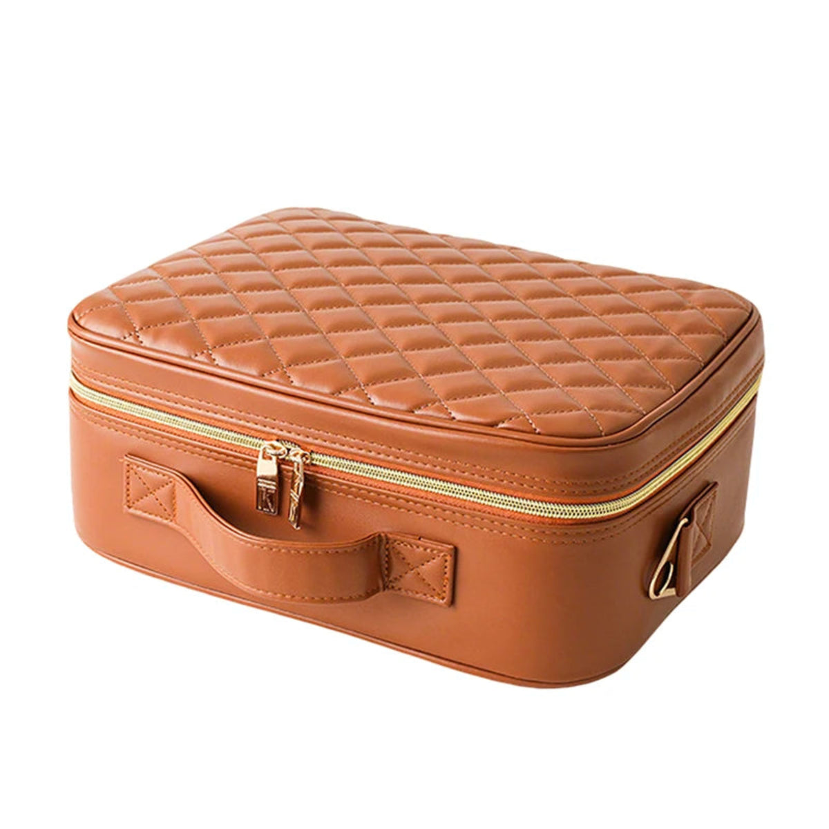 Brown quilted makeup case with zip closure on a white background