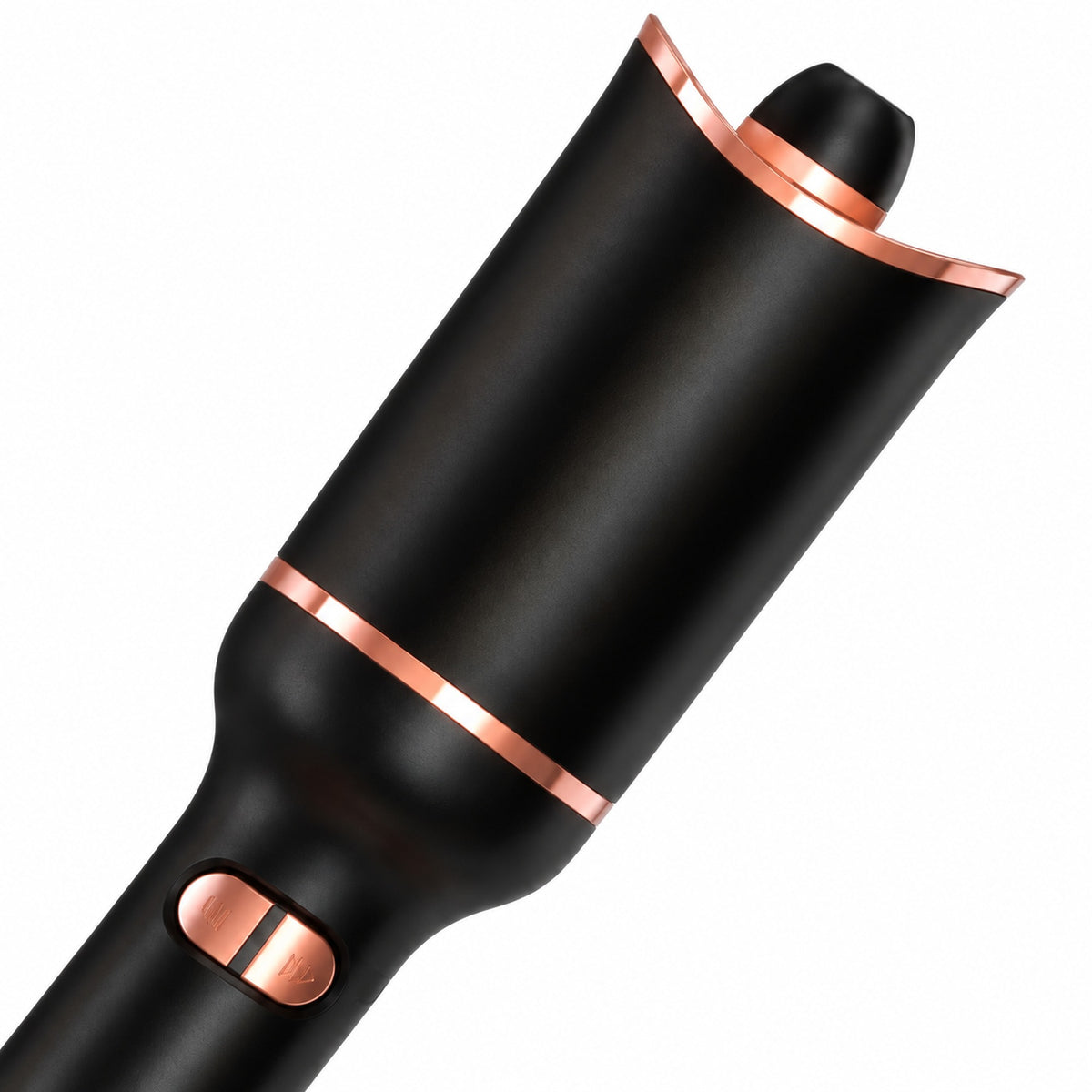 Close-up of the black curling chamber and rose-gold direction buttons on the automatic hair curler