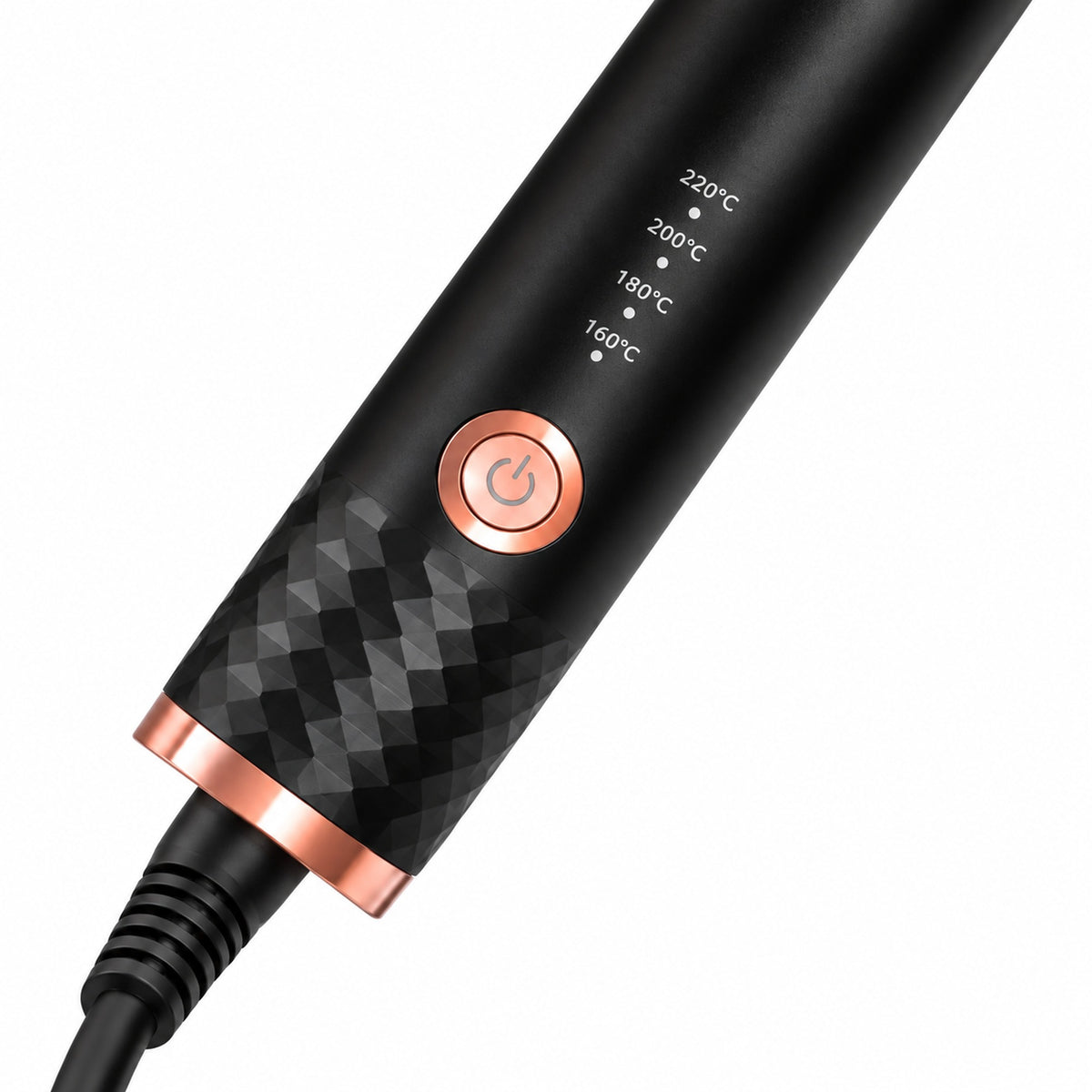 Detail of the temperature indicators, rose-gold power button and textured handle of the automatic hair curler