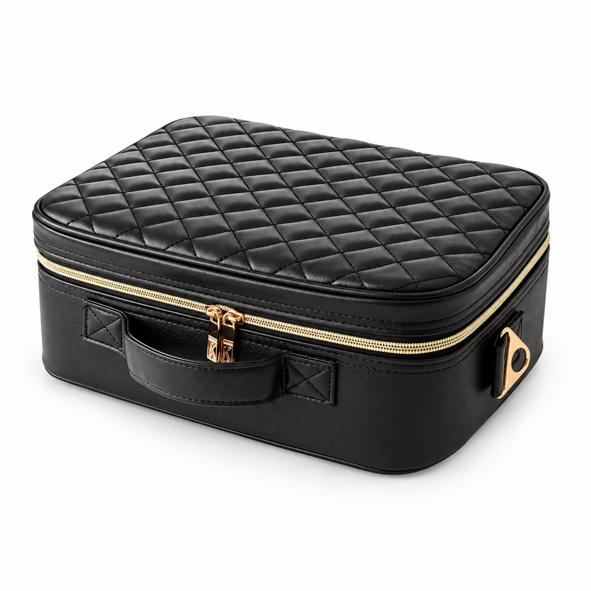 Black quilted makeup case with gold zip hardware on a pure white background