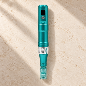 Teal A6S cordless microneedling pen on a neutral stone surface