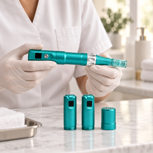 Gloved hands holding the A6S microneedling pen beside its detachable batteries