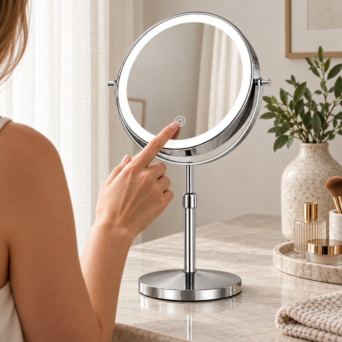 Rechargeable LED Makeup Mirror in a personal care routine