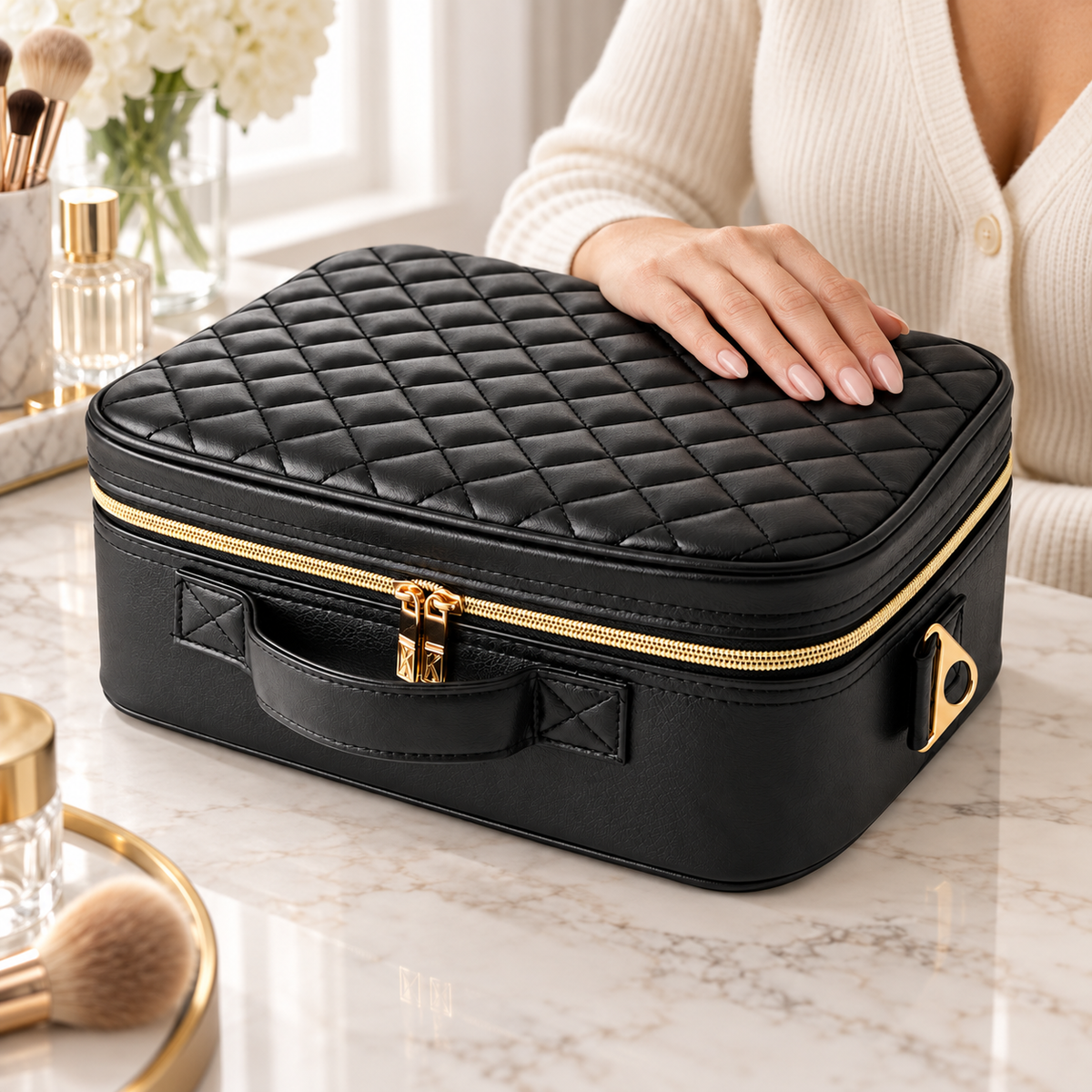Travel Makeup Case with LED Mirror shown in a beauty routine