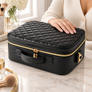 Travel Makeup Case with LED Mirror shown in a beauty routine