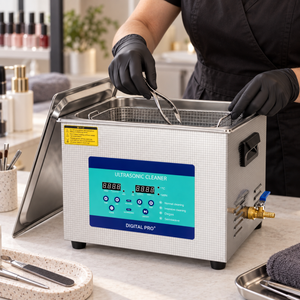 Salon technician preparing instruments in the ultrasonic cleaner