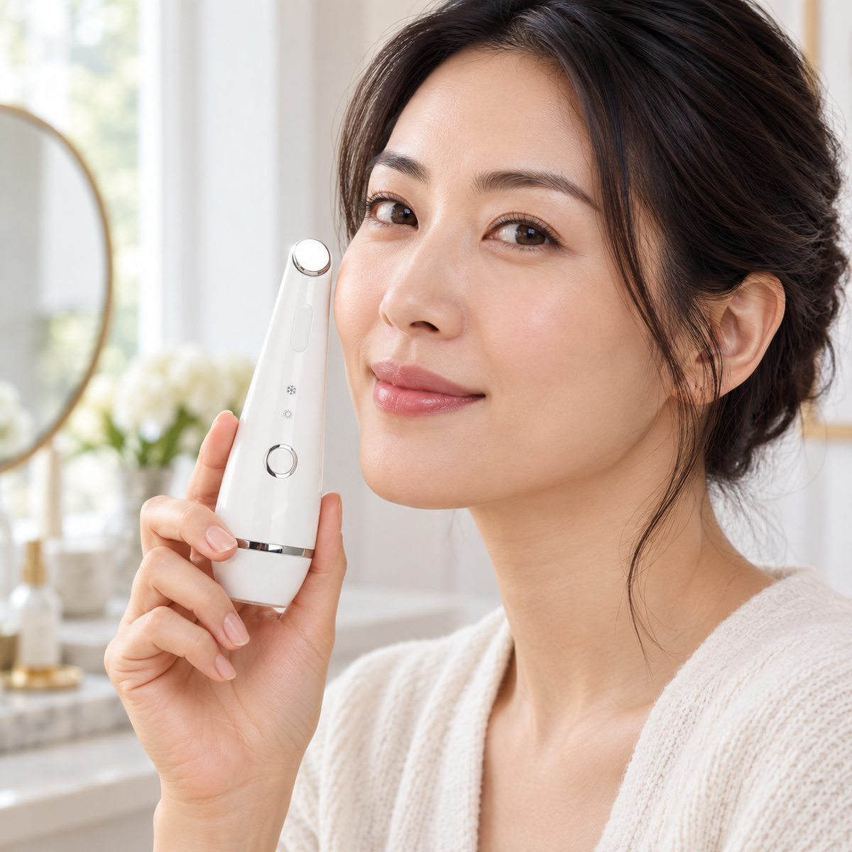 Hot & Cold Facial Hammer with LED shown in a beauty routine