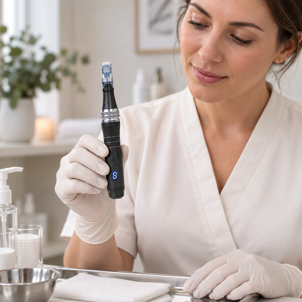 Dr Pen Ultima M8 Wireless Microneedling Device shown in a personal care routine
