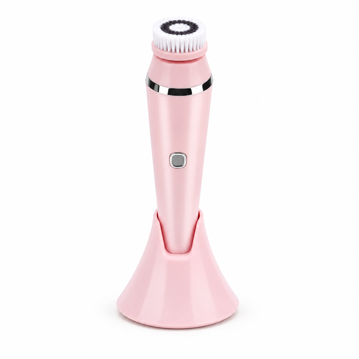 Pink facial cleansing brush on a white background