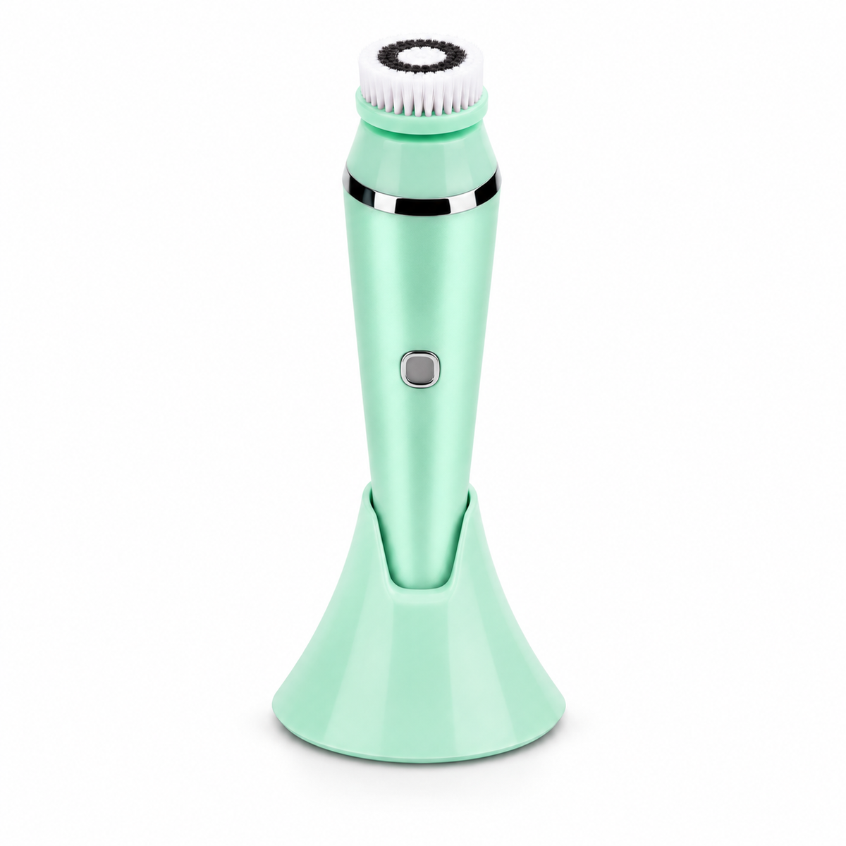 Mint green facial cleansing brush on a white background