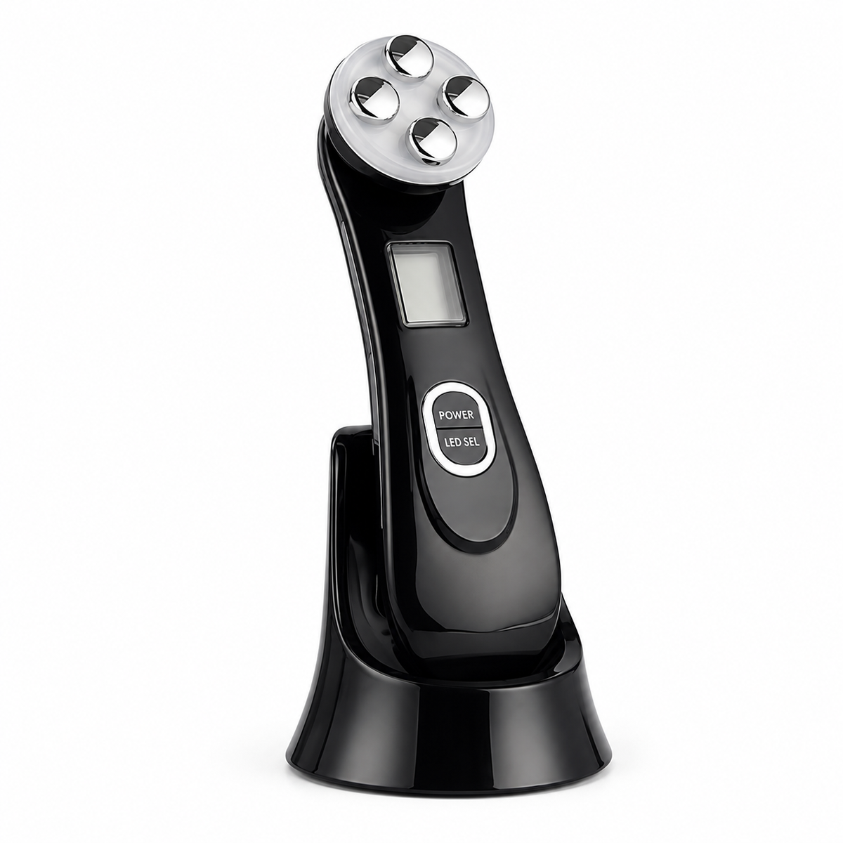 Black facial device on a white background