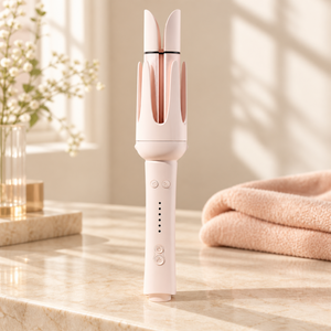 Pink automatic hair curler on an ivory vanity beside a folded blush towel.