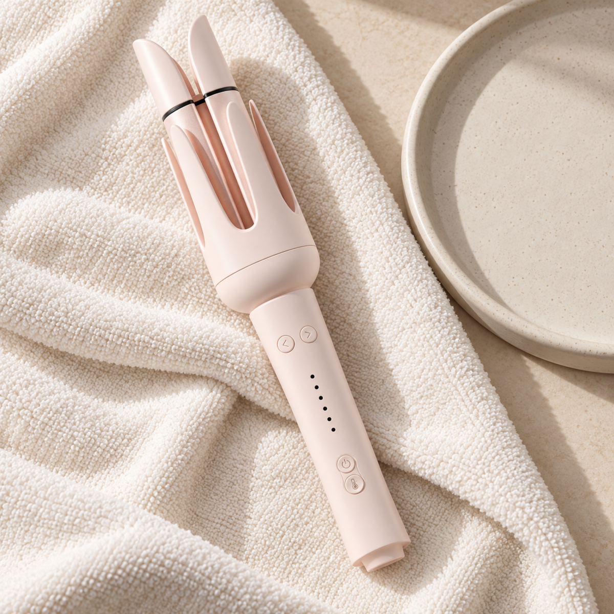 Pink automatic curler resting on a cream towel in a softly lit vanity setting.