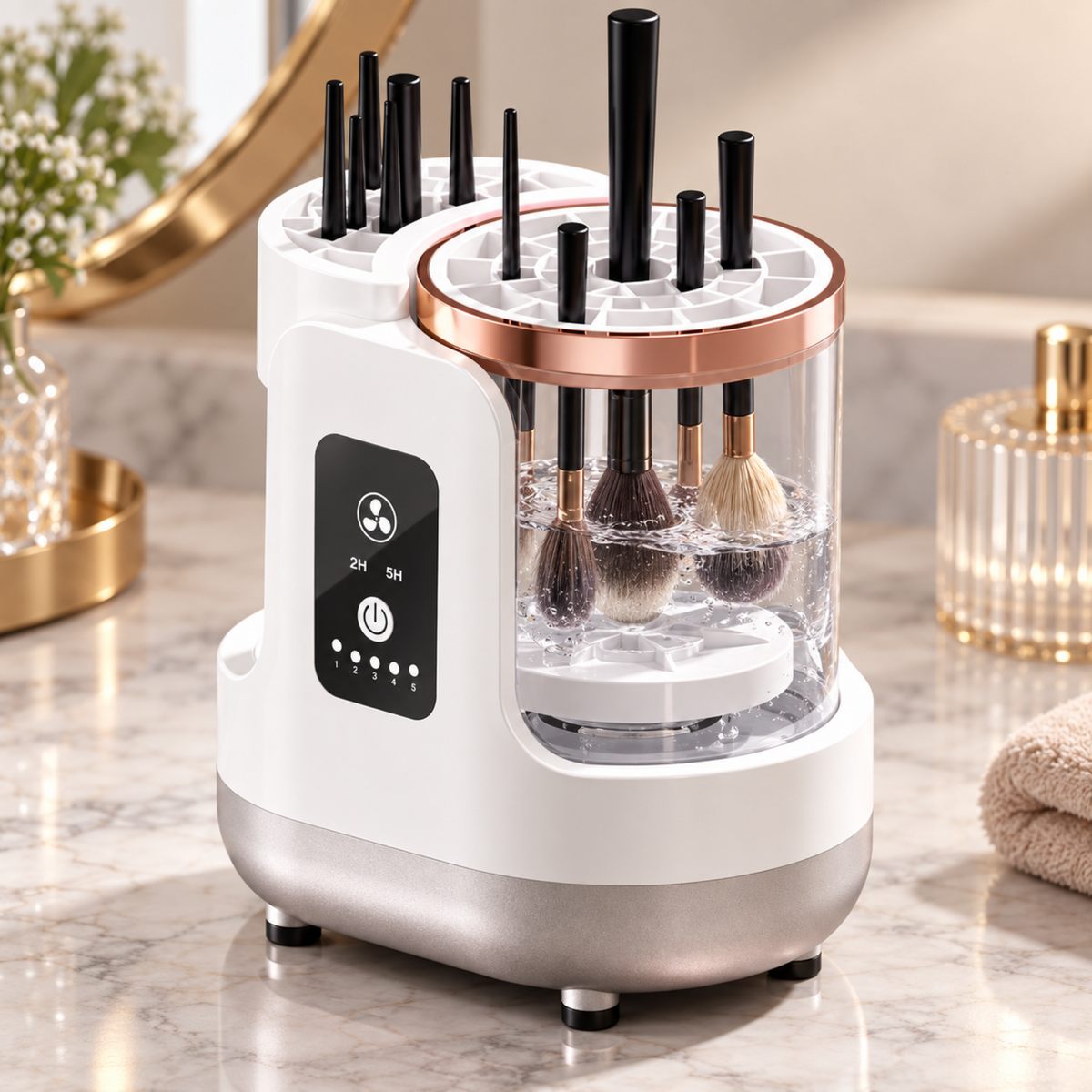 Makeup brush cleaner demonstrating brush placement in the clear chamber; brushes shown for illustration.
