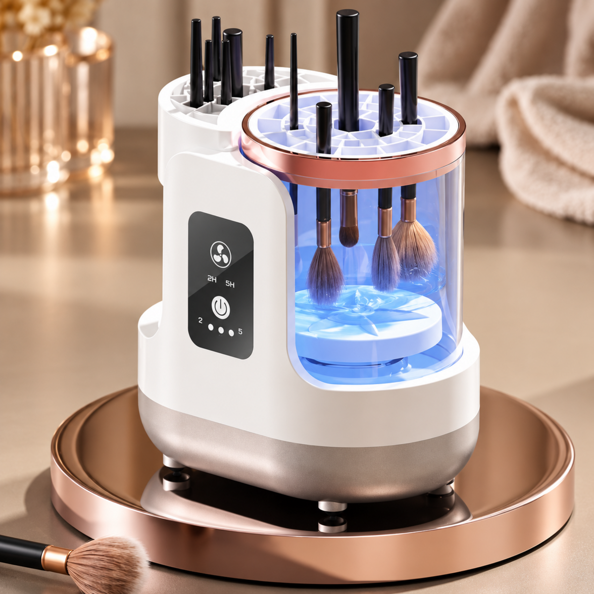 White makeup brush cleaning station with illuminated chamber styled on a neutral vanity.