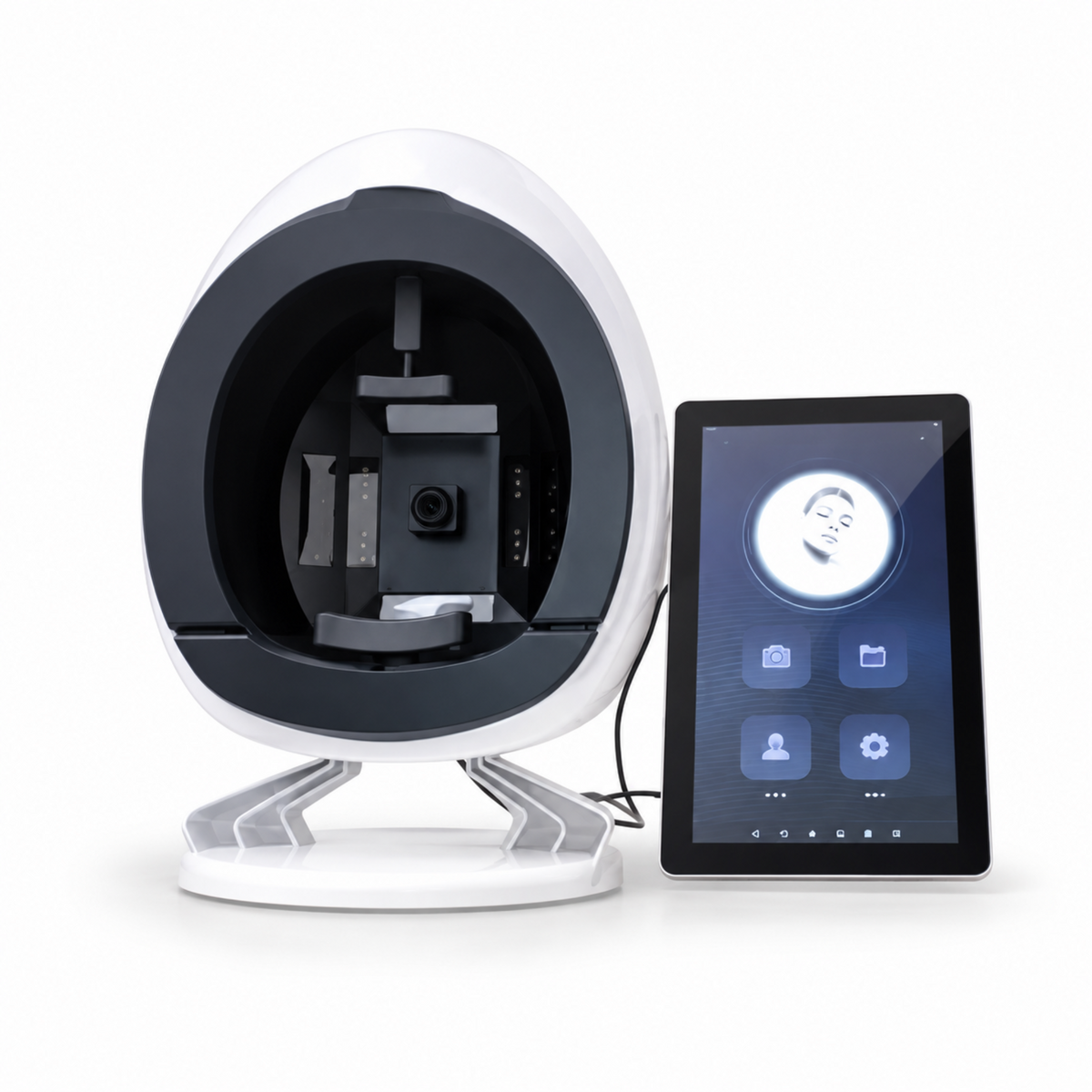White professional facial skin analyser with separate portrait display on a clean white background