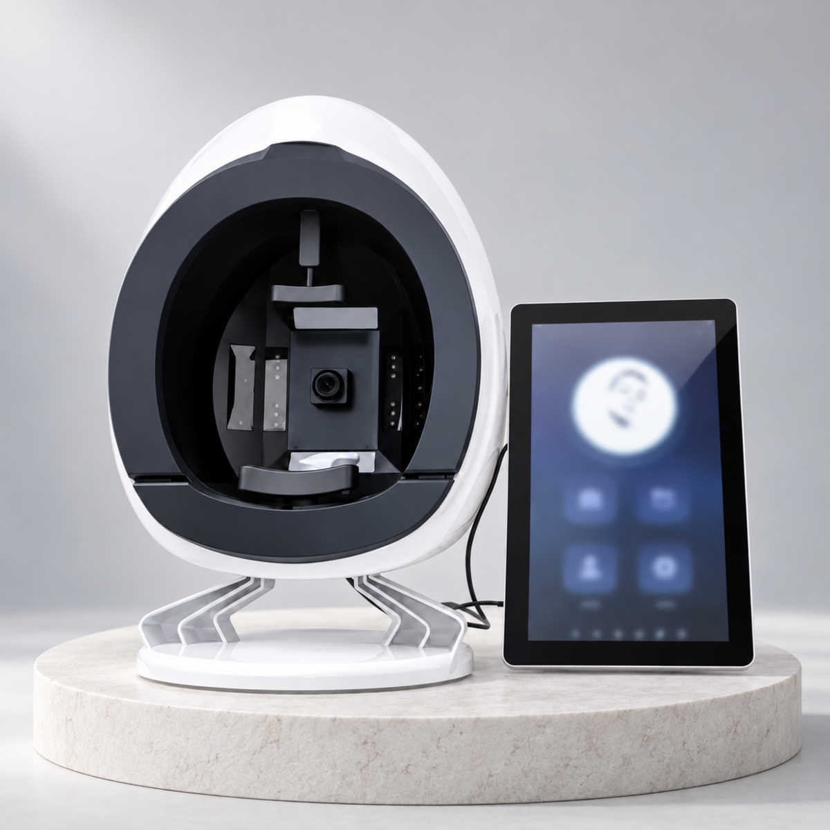 Facial skin analyser and portrait screen presented on a pale stone display plinth