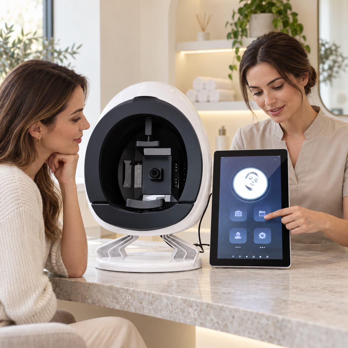 Facial skin analyser and portrait display during a salon consultation