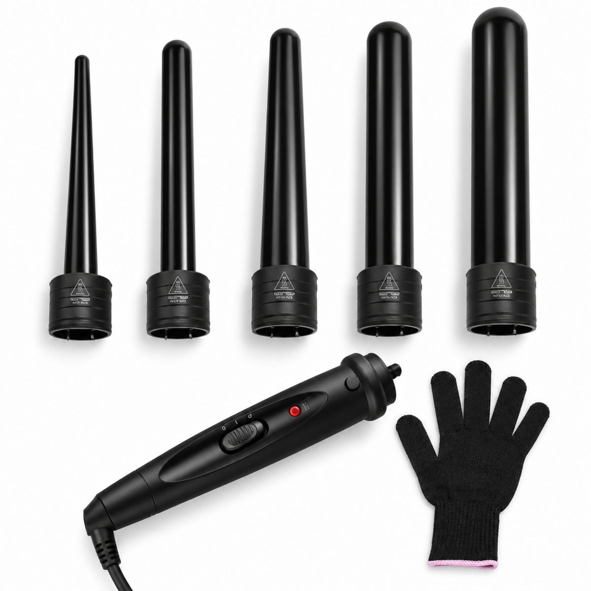 Black curling wand handle with five interchangeable ceramic barrels and a styling glove on a clean white background.
