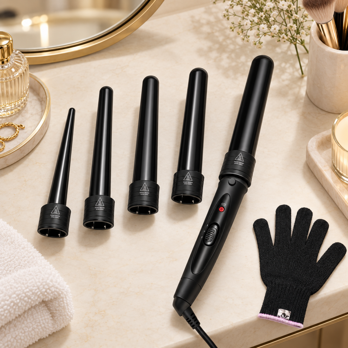 Five-barrel curling wand set arranged on a neutral dressing table with the styling glove.