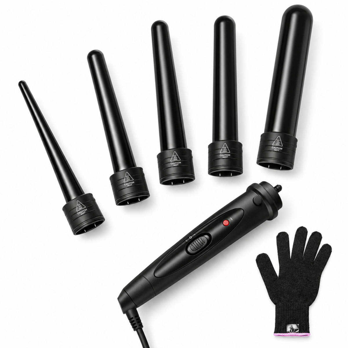 Five interchangeable ceramic curling barrels displayed beside the black wand handle and styling glove.