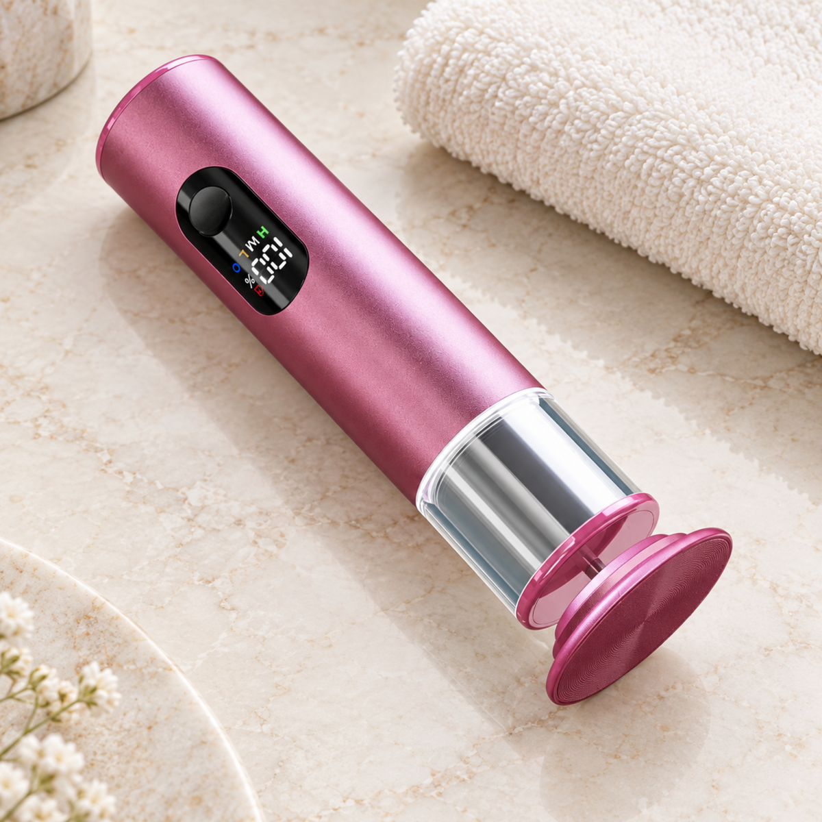 Pink electric foot file styled on a neutral vanity beside pedicure accessories.