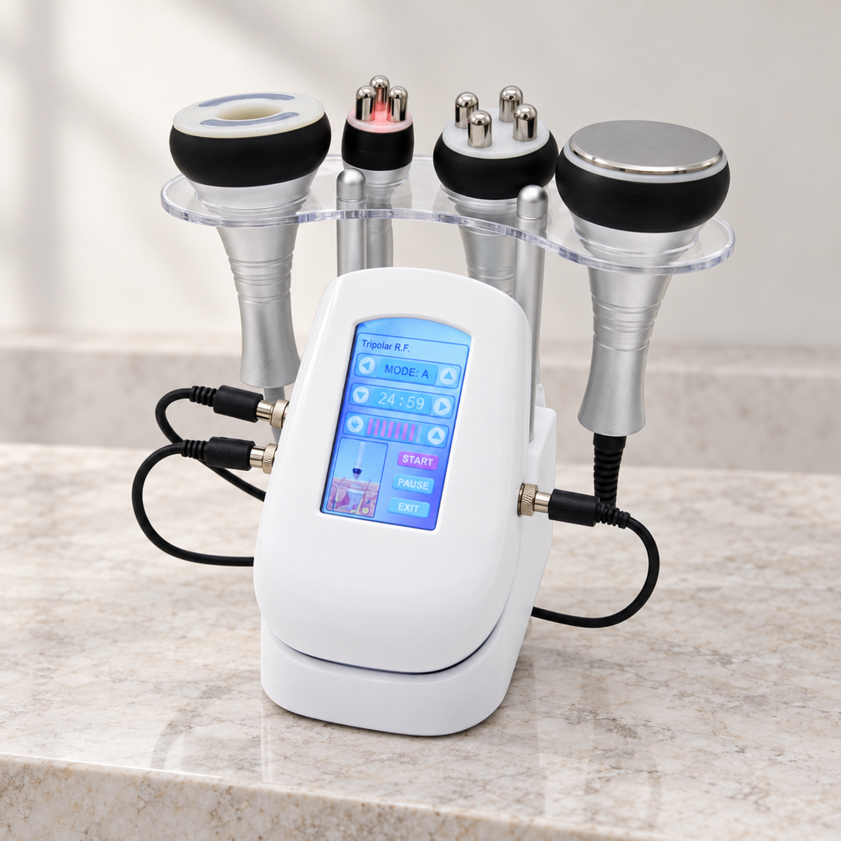 Four-in-one beauty system with its touchscreen console and four handpieces on a neutral salon worktop.