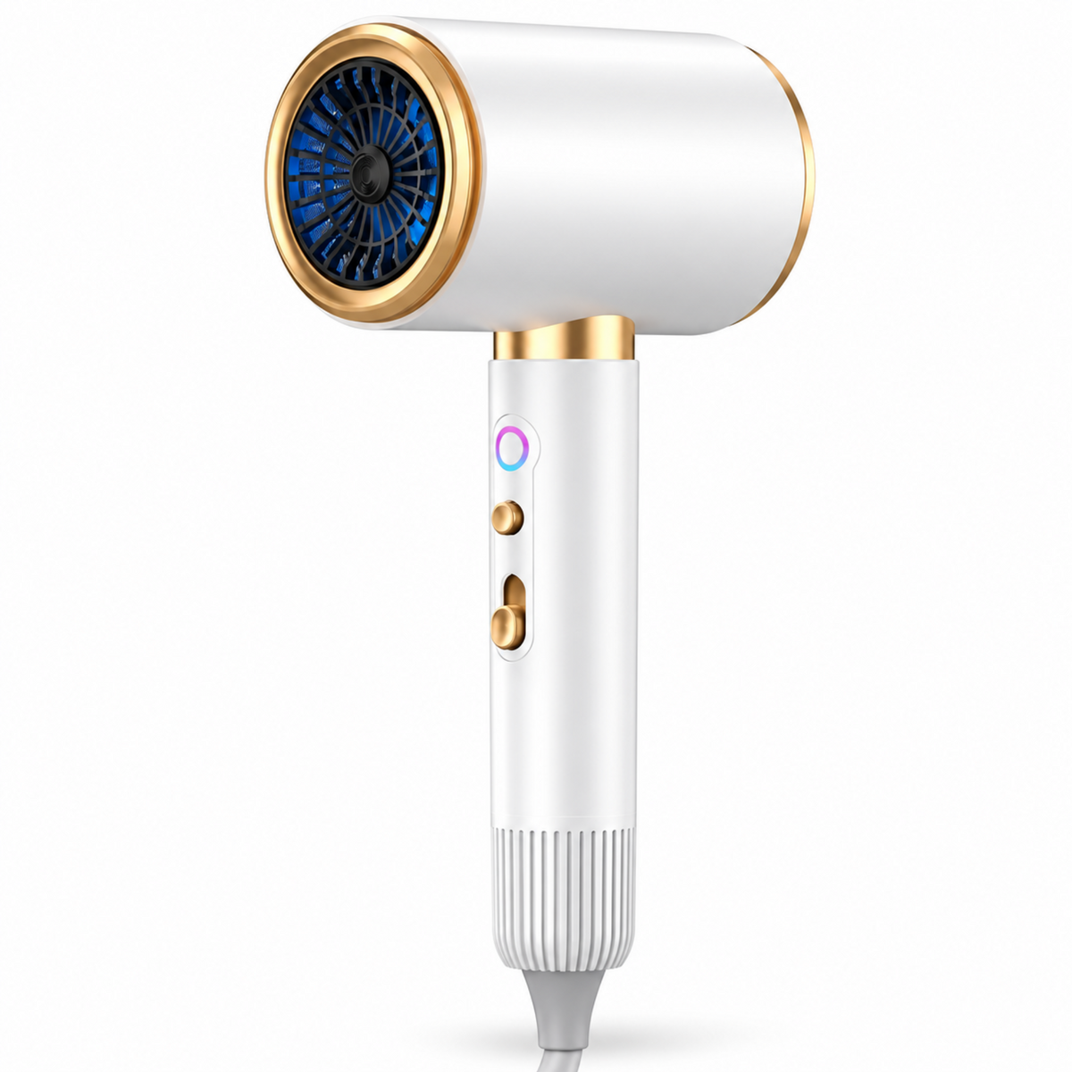 White ionic hair dryer with gold trim on a clean white background