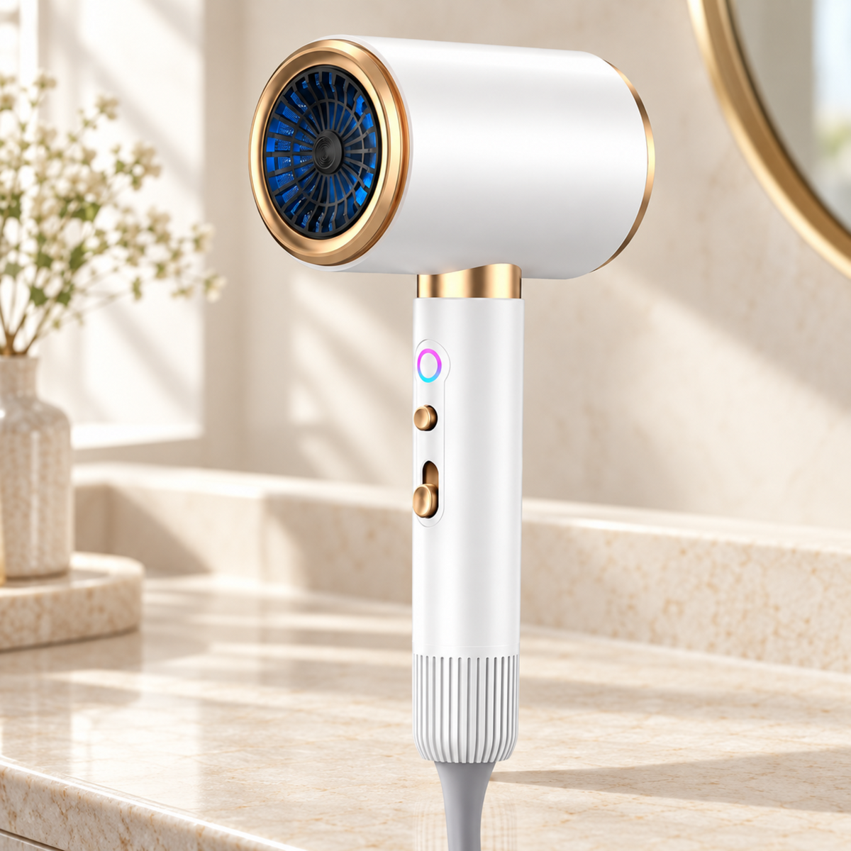 White and gold hair dryer presented on a neutral stone vanity