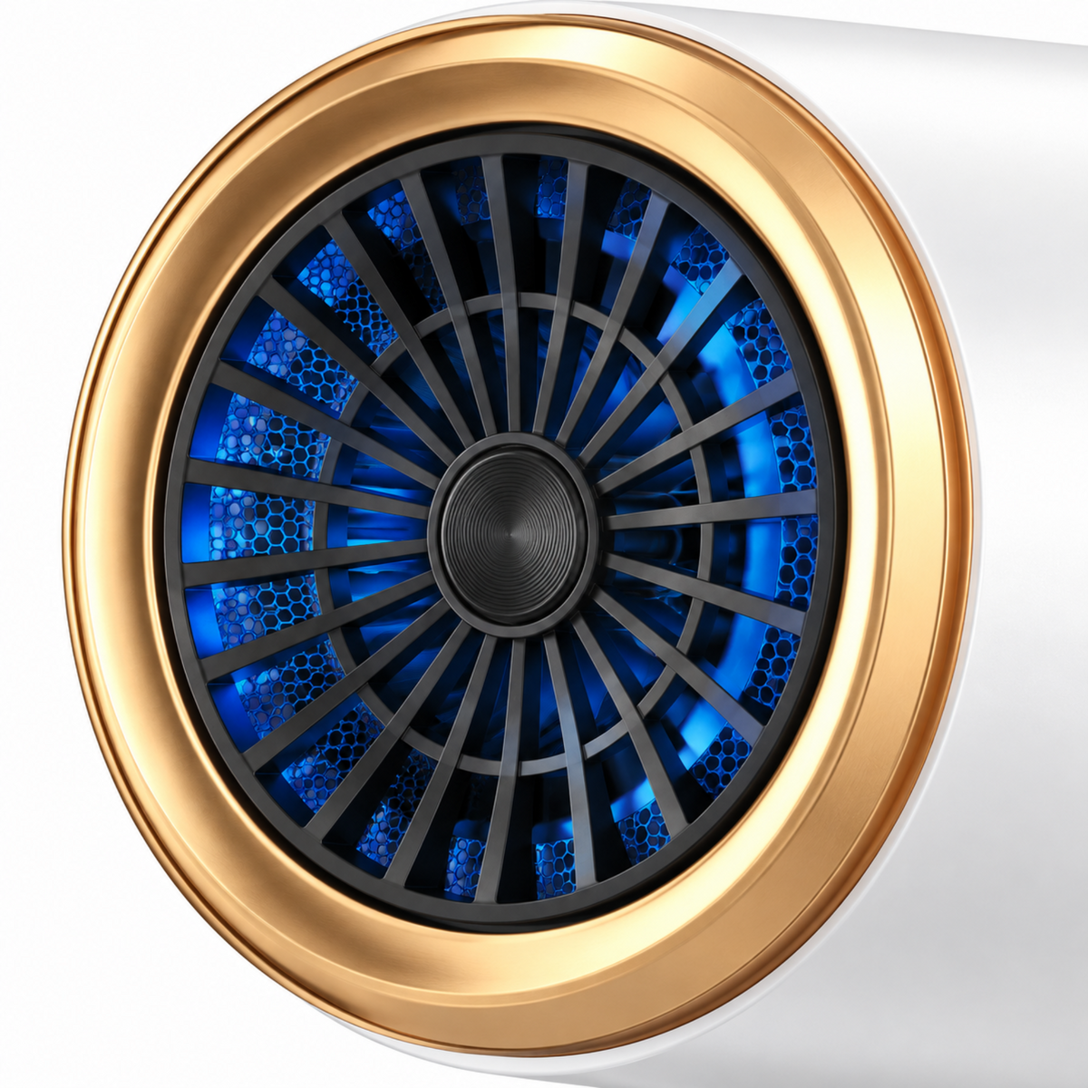 Detail of the hair dryer circular grille and gold rim