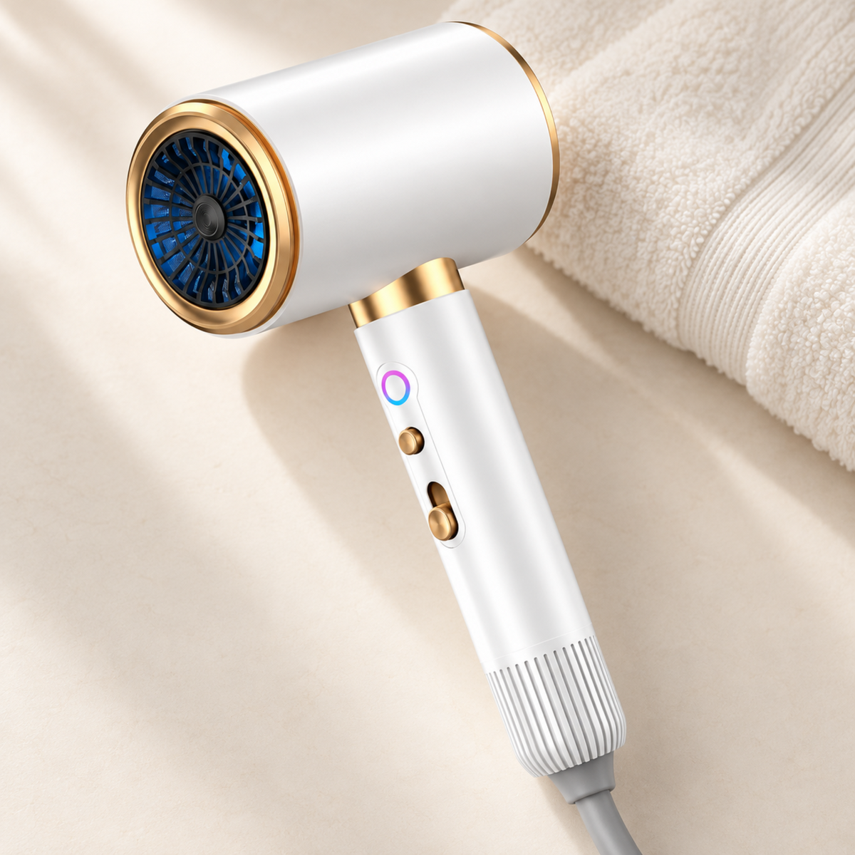 White and gold hair dryer on a neutral surface beside an ivory towel