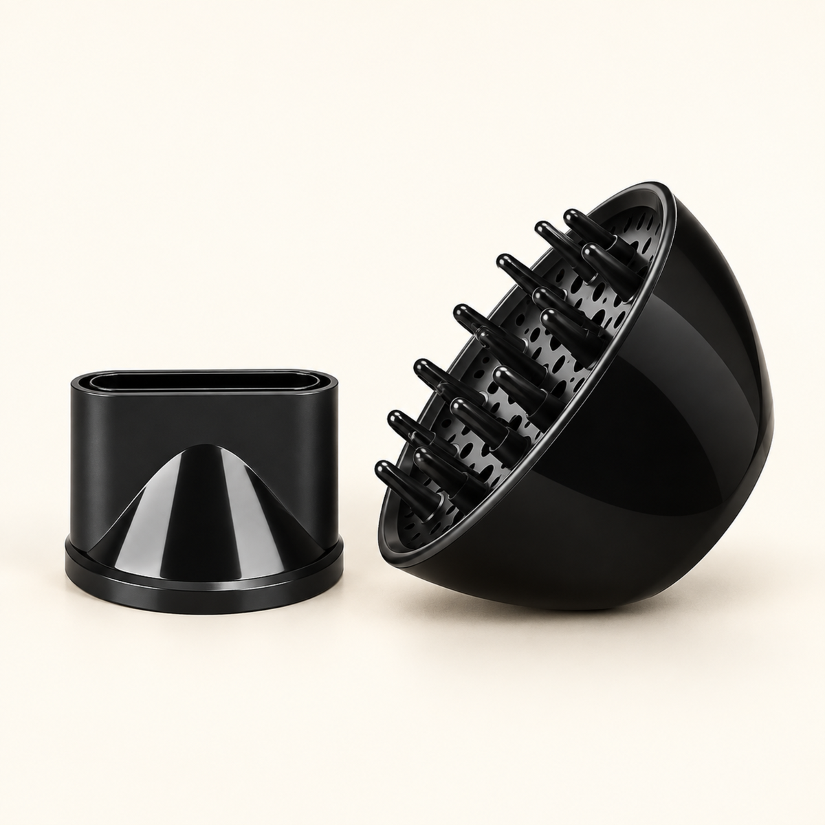 Black concentrator nozzle and diffuser attachments included with the hair dryer