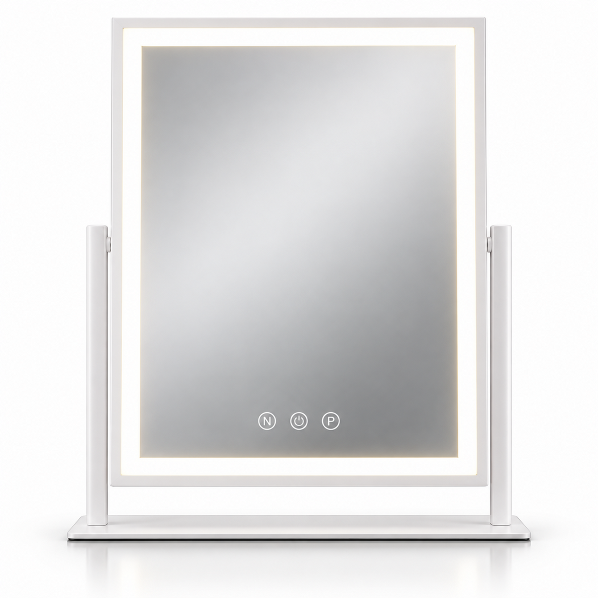 White rectangular LED vanity mirror with touch controls and tabletop stand on a clean white background.