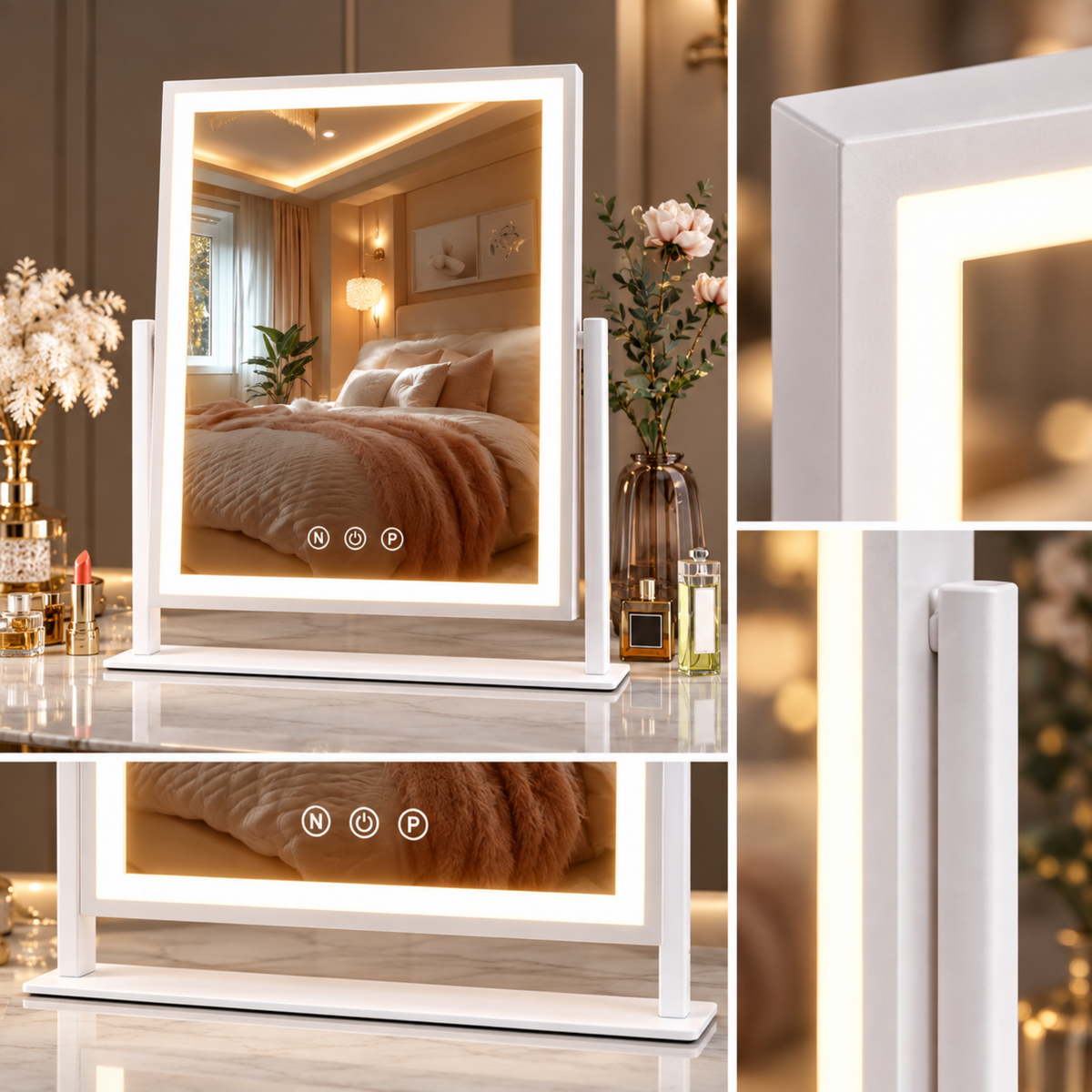 Detail presentation of the white LED mirror frame, illuminated border and supporting stand.