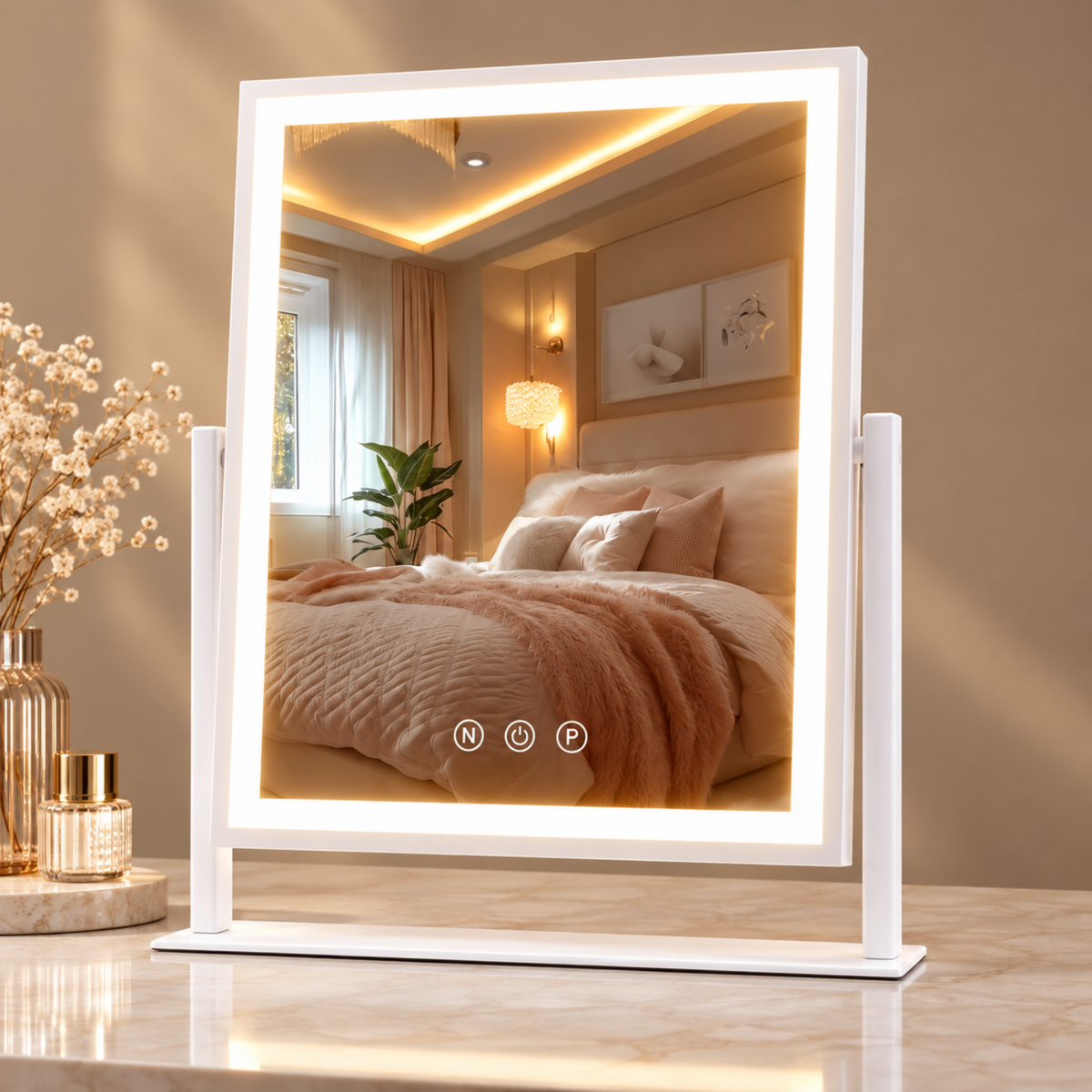White LED vanity mirror shown at an adjusted viewing angle on its tabletop stand.