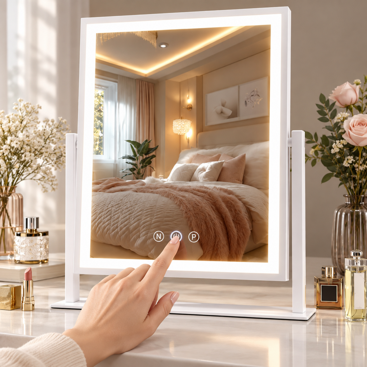 Hand using the central power touch control on the white LED vanity mirror.