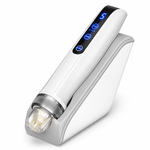 White rechargeable microneedling pen with illuminated controls on its induction base