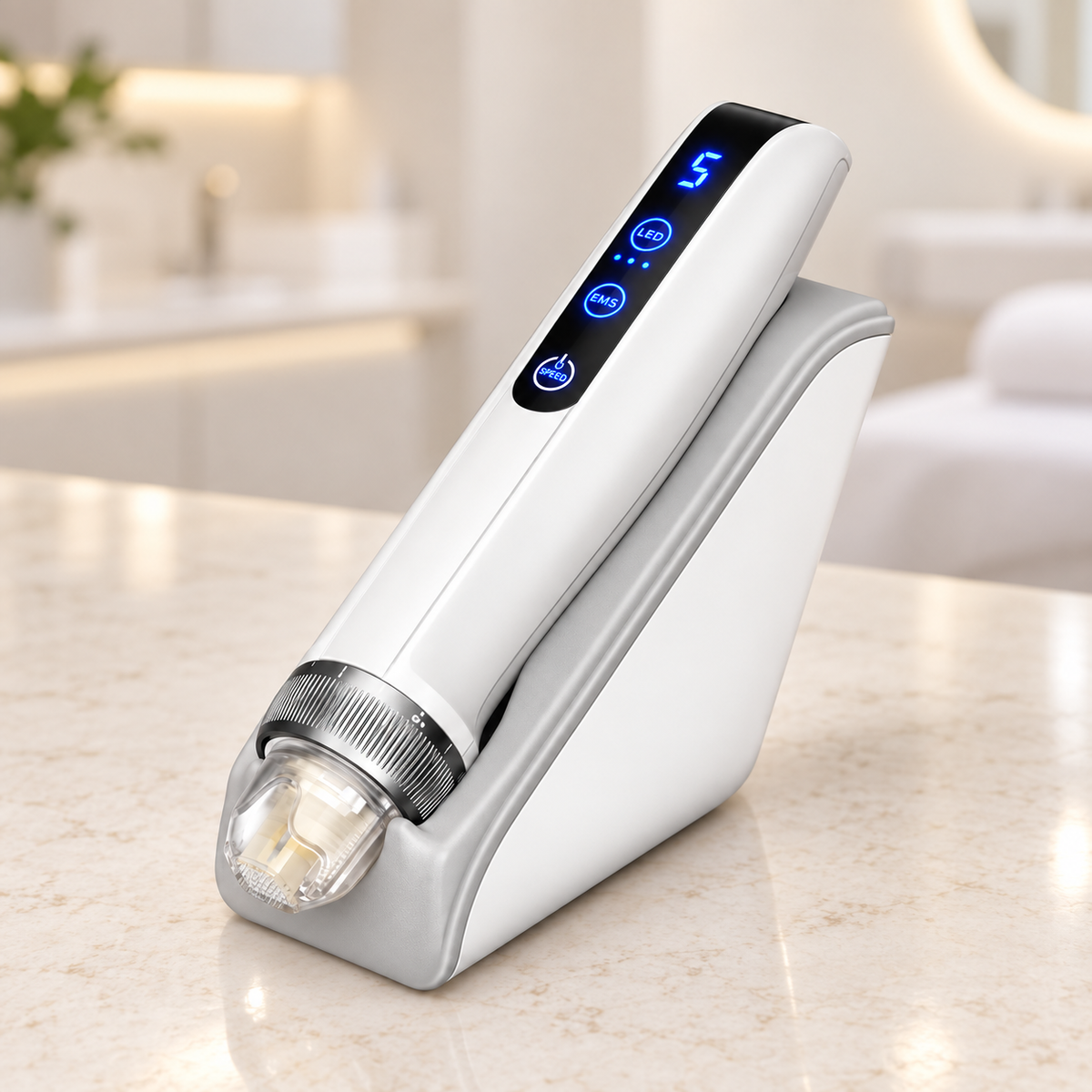 Professional microneedling pen and base shown in a treatment workspace