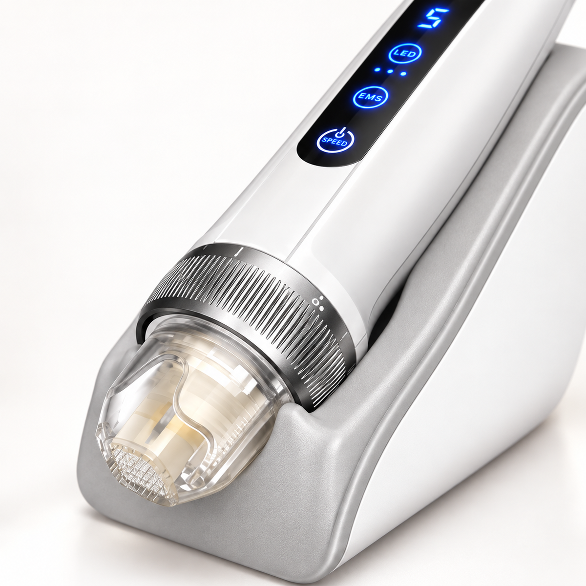 Detail view of the microneedling handpiece and adjustment collar
