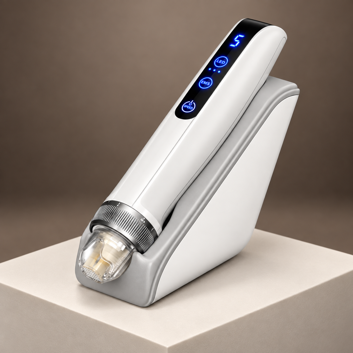 White microneedling pen on its induction base in a neutral treatment setting