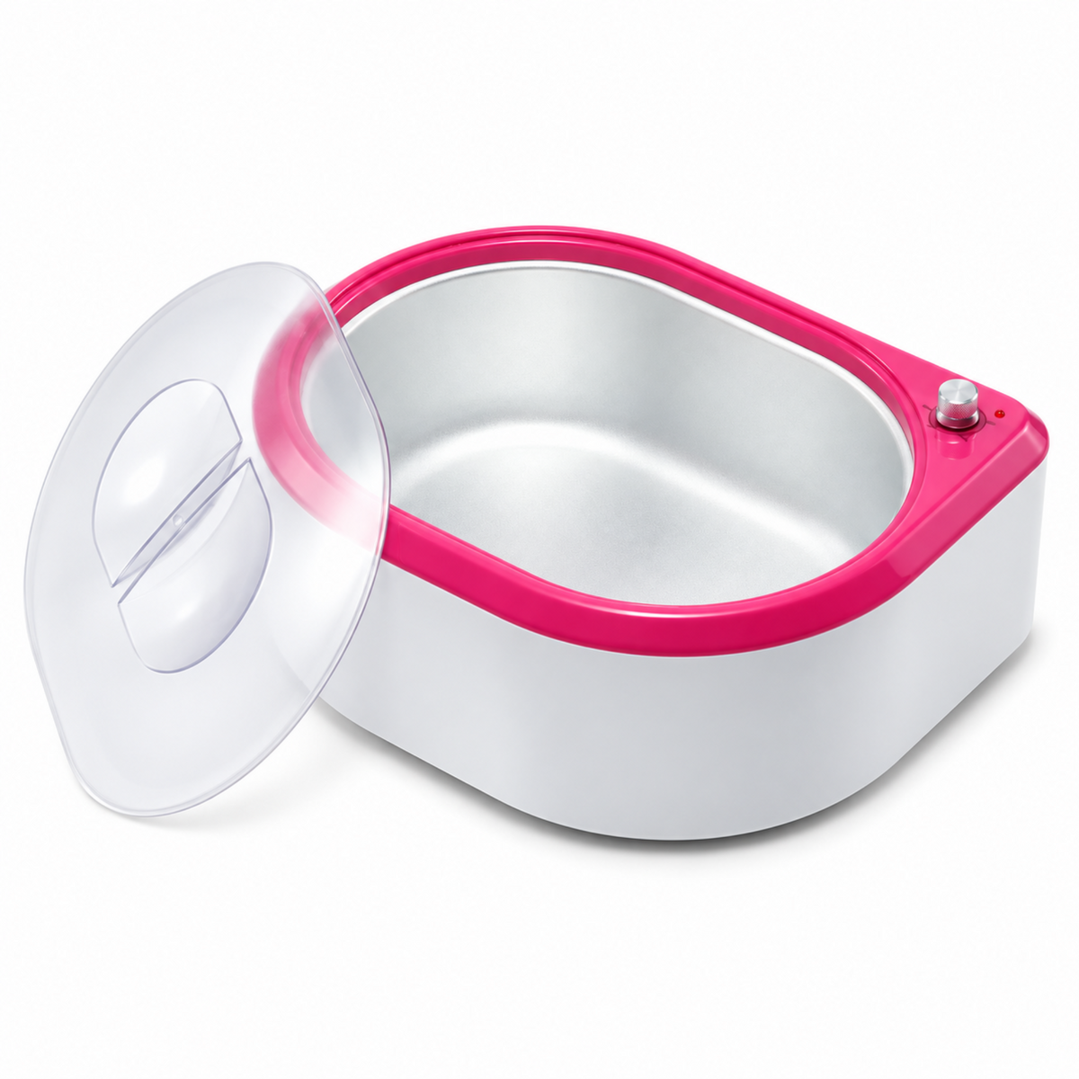 White and pink paraffin wax bath with an oval basin, removable clear lid and adjustable control dial.