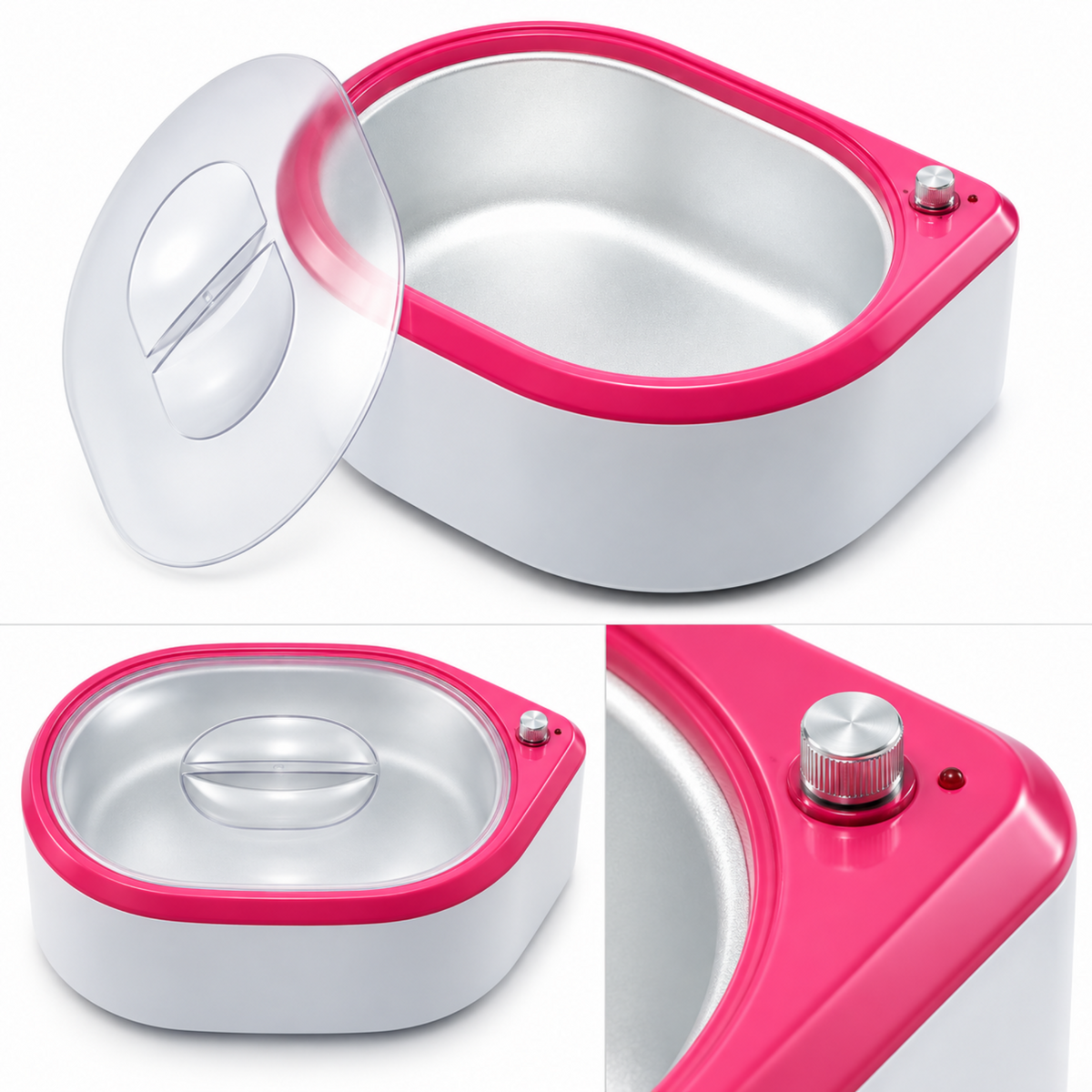 Three views of one paraffin wax bath, showing the oval basin, fitted lid and temperature control dial.