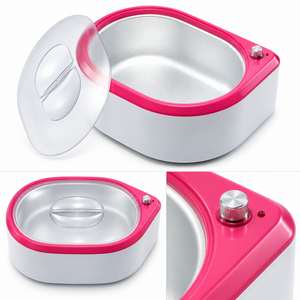 Three views of one paraffin wax bath, showing the oval basin, fitted lid and temperature control dial.